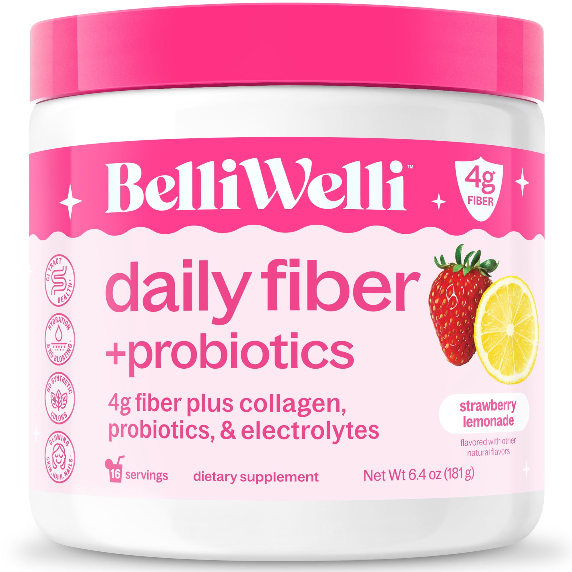 BelliWelli 4-in-1 Daily Fiber Supplement, Probiotics, Collagen & Electrolytes, Strawberry Lemonade