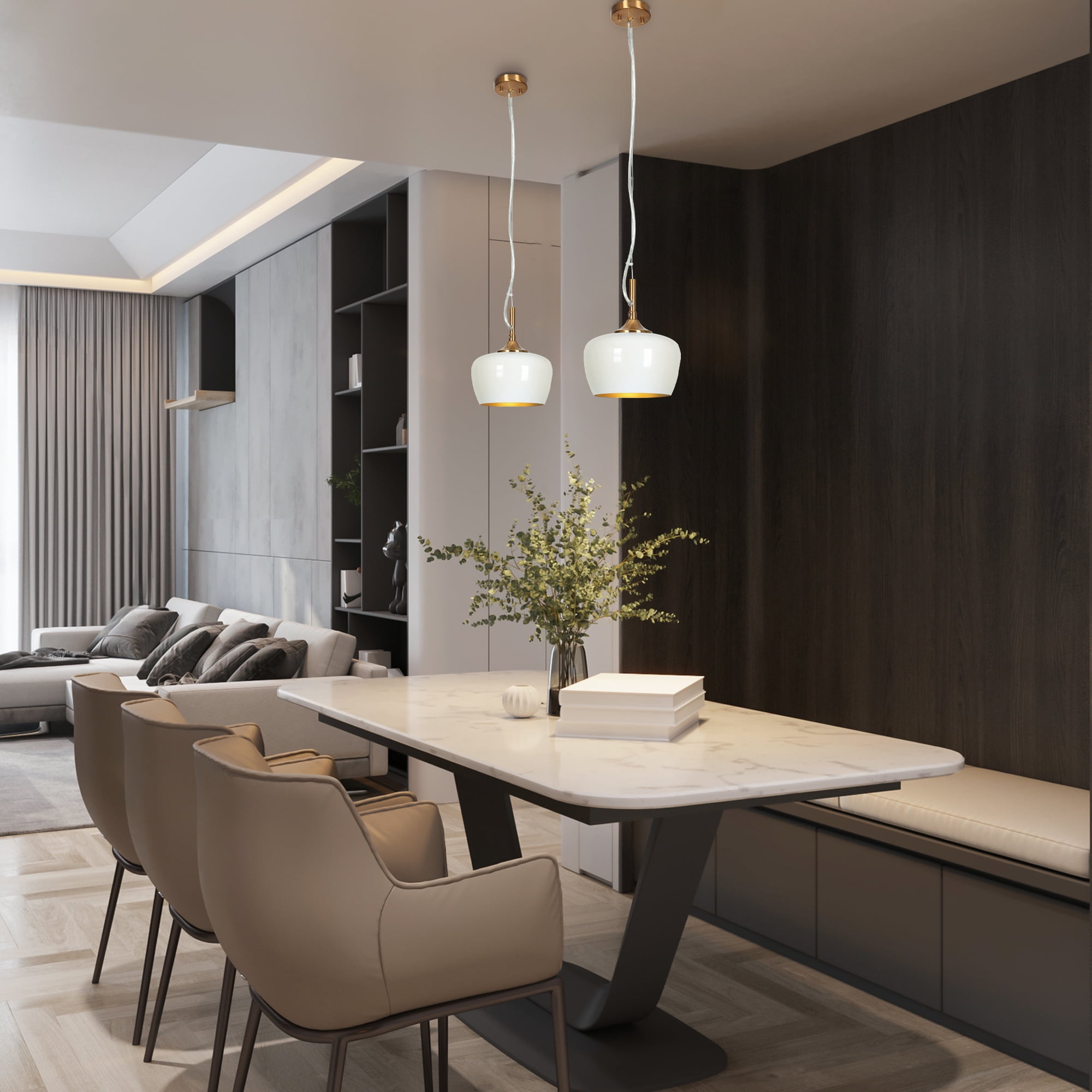 LNC Resplandor 1 -Light Matte White and Electroplated Copper Mid-century Metal Dome Mini Hanging Pendant Light
