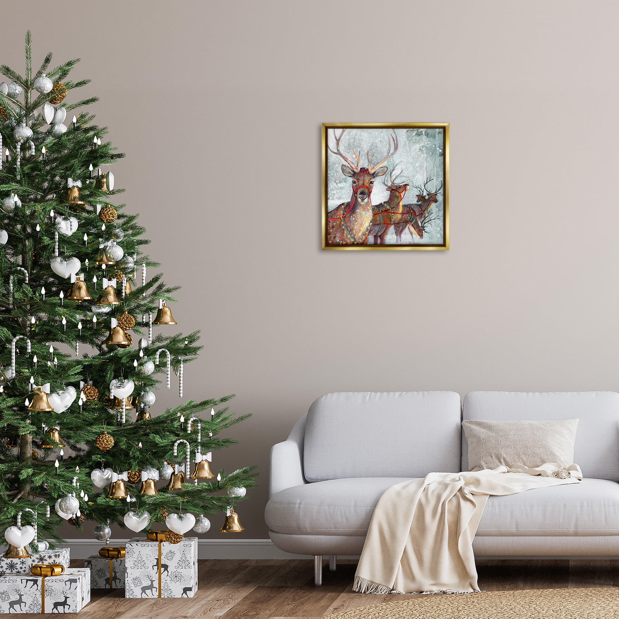 Stupell Industries Winter Reindeer Holiday Landscape Holiday Painting Gold Floater Framed Canvas Art Print Wall Art, 25 x 25