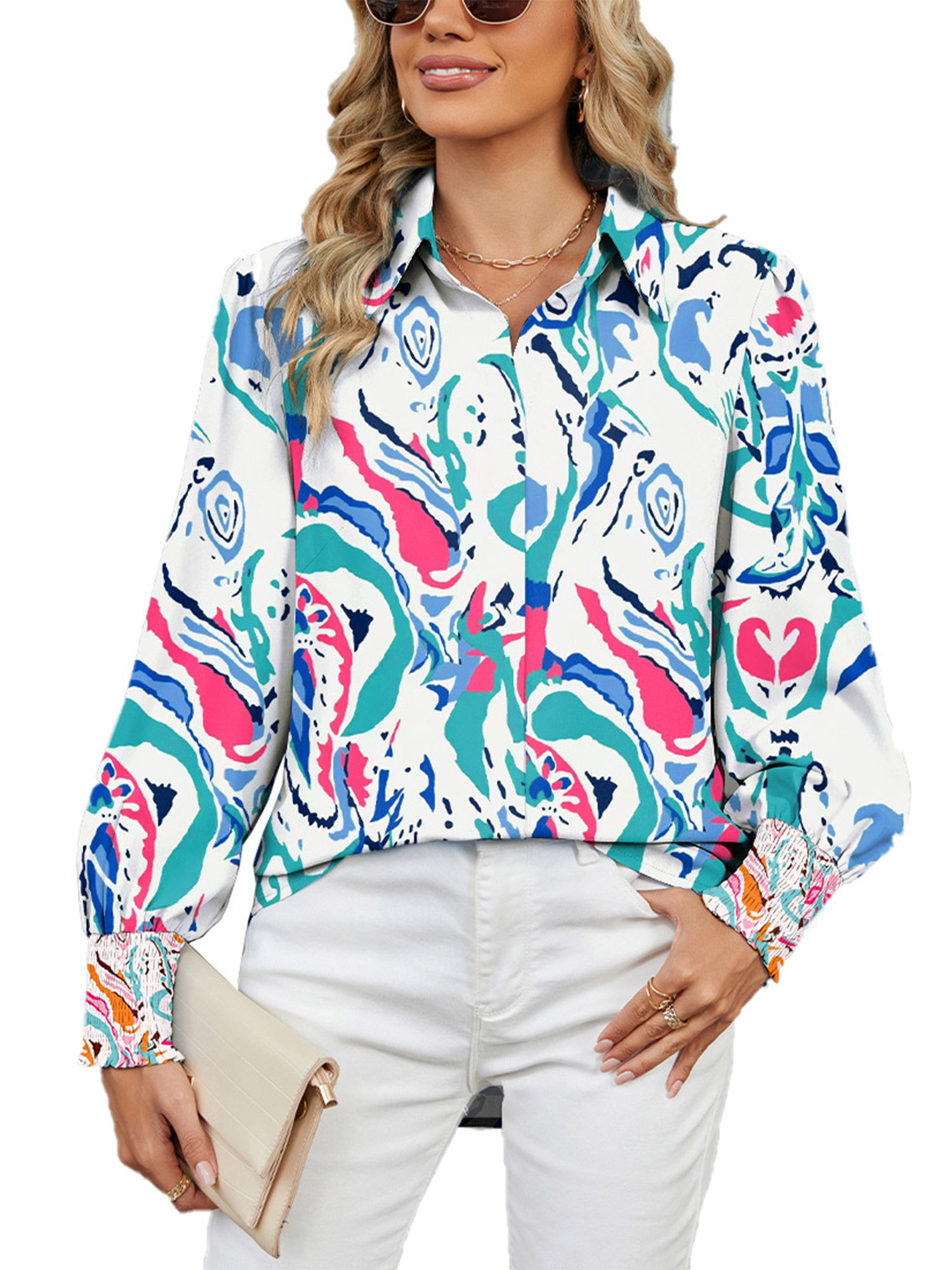 TEMOFON Blouses for Women Boho Floral Print Shirts Casual Lapel V Neck Long Sleeve Tops Dressy Tunic Tops Paisley Fall Clothing Button Down Blouses