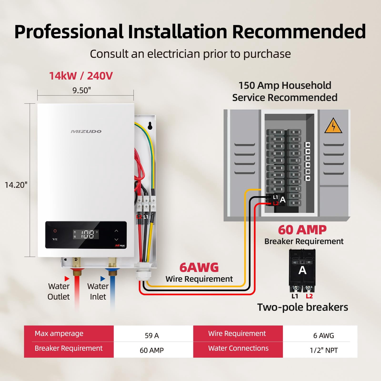 Mizudo EQUIK Classic 14 kW 2.4 GPM 240-Volt Touch Screen Residential Electric Tankless Water Heater