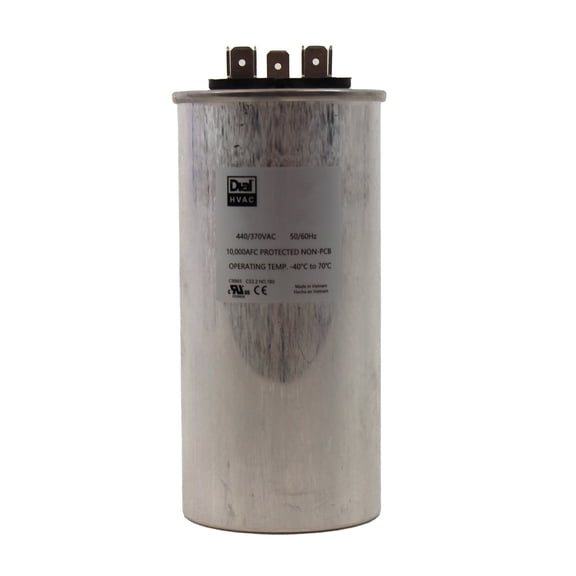 Dual Run Capacitor, Round, 35 5 Mfd., 370/440 Volt, 50/60 Hz, 20275