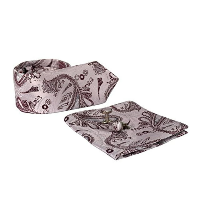 Peach Couture Luxurious Mens Silk Feel Paisley Necktie Cufflinks Pocket Square Handkerchief Set