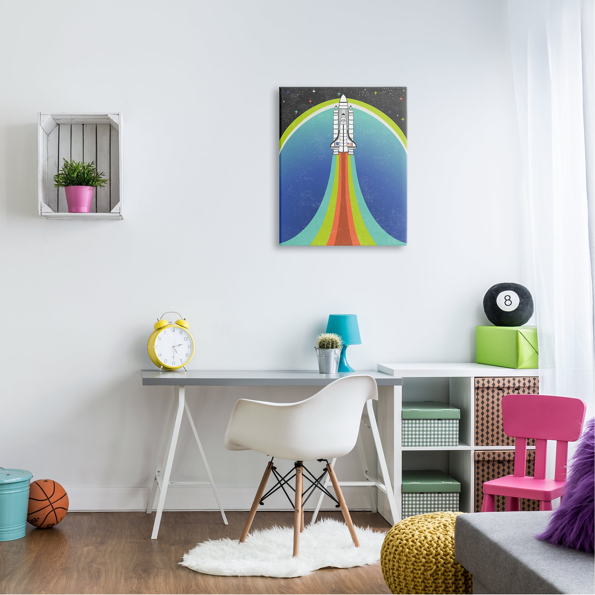 Stupell Industries Rocket Ship Taking Off Outer Space Striped Pattern Canvas Wall Art, 24 x 30, Design by Caroline Alfreds