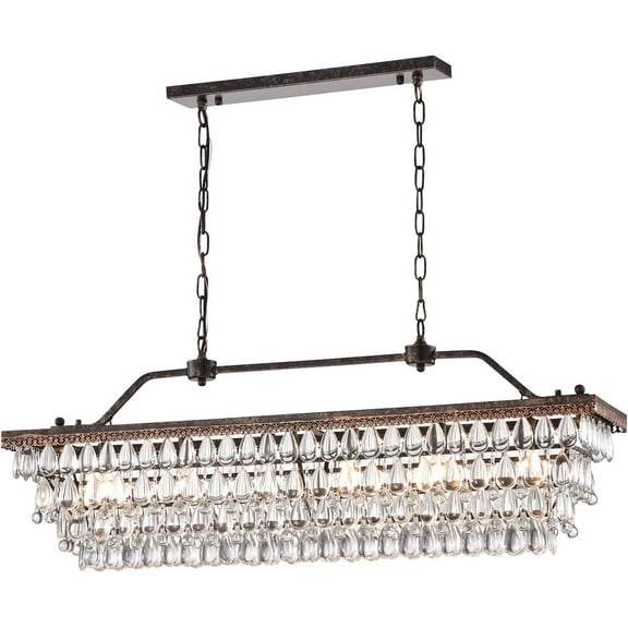 Edvivi Luxury Rectangular Linear Crystal Chandelier, 6 Lights Glam Lighting Fixture with Antique Bronze Finish, Adjustable Ceiling Light Fixture, Dining Room, Kitchen Island