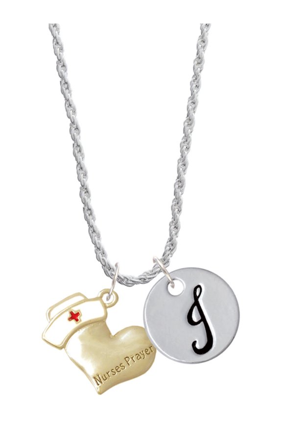 Two-tone Nurse's Prayer Heart - Healing Hand Silvertone Script Initial Disc - J - Charm Necklace, 20"+3"