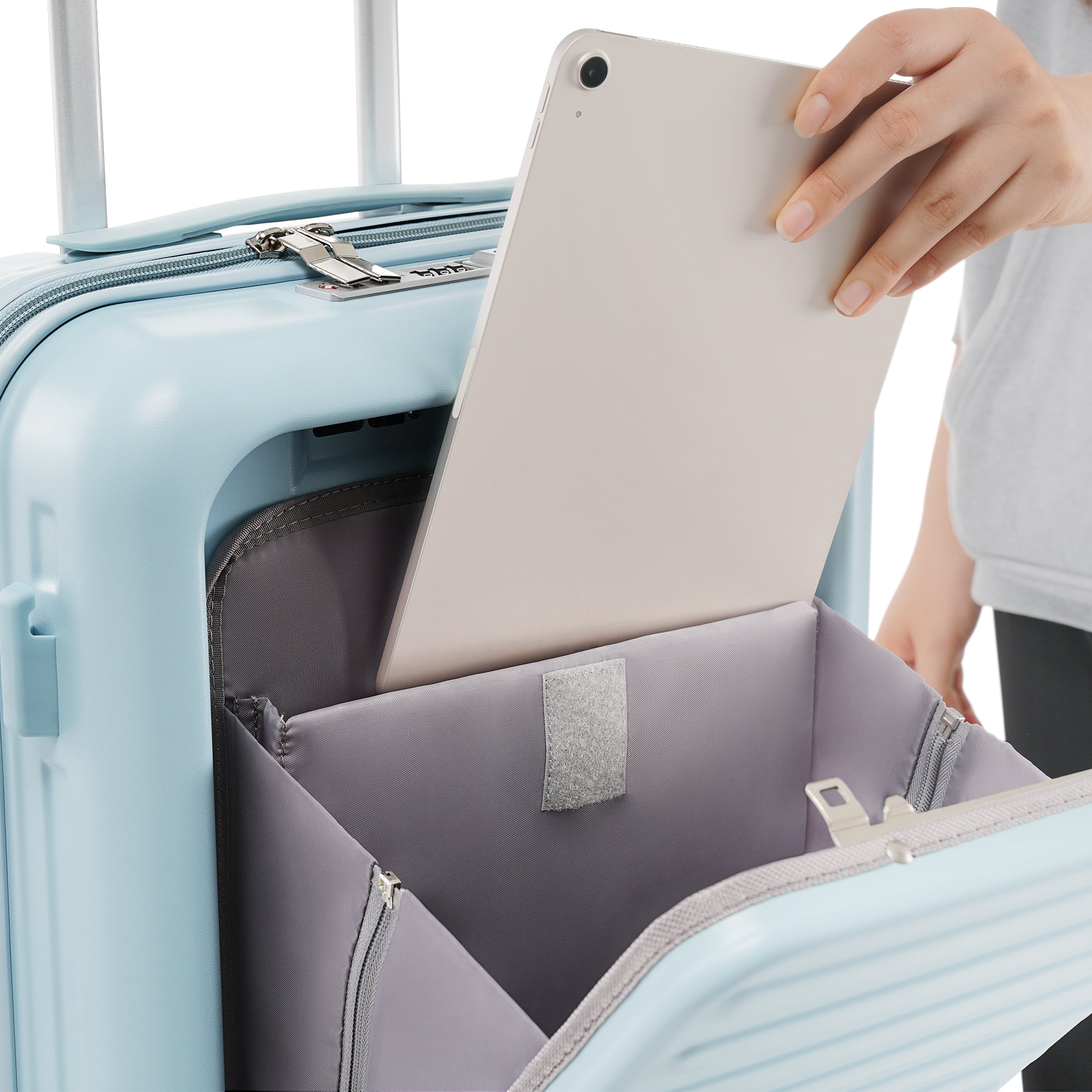 LoLado Luggage Set of 3, 20/24/28" Suitcase with USB Port and Cup Holder, 20/24" with Front Opening Design, ABS Hard Shell Travel Luggage Set with Spinner Wheels, Light Blue