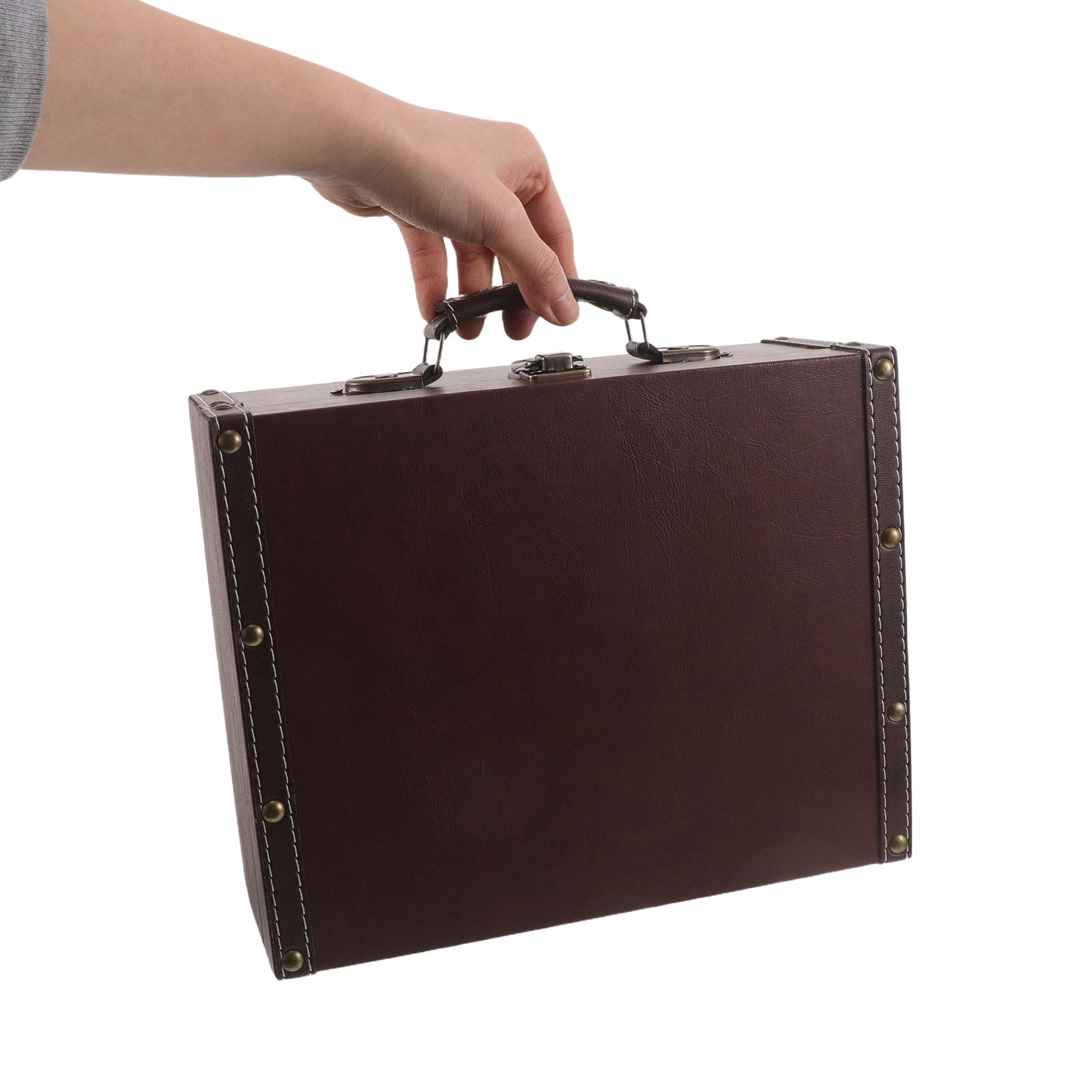 OUNONA Vintage Coffee Suitcase Photo Prop with PU Material and Portable Wooden Chest for Home Decor