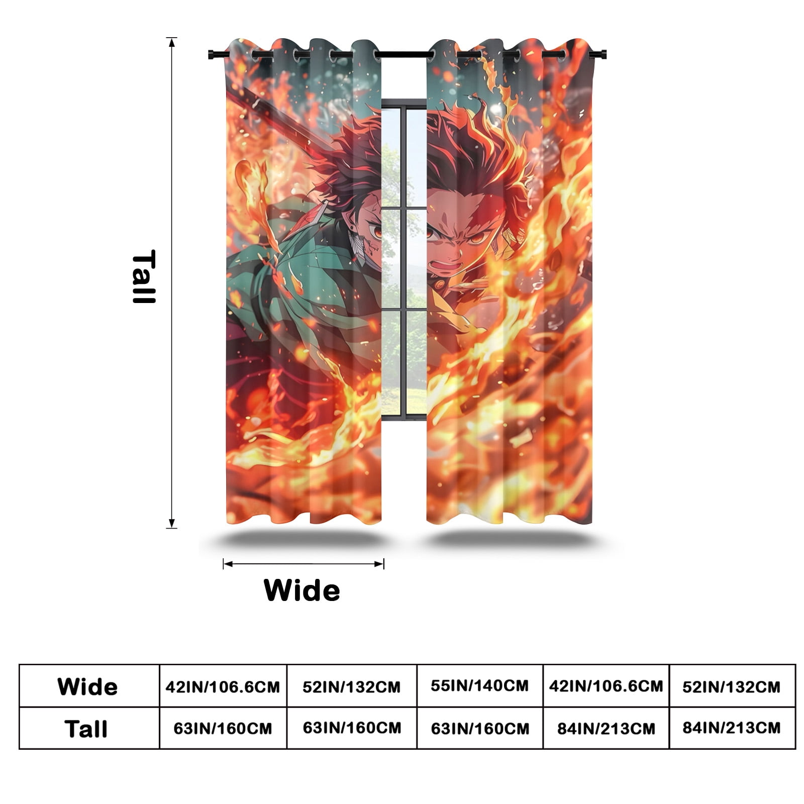 Anime Curtains for Bedroom Drapes Slayer Tanjirou Inosuke Kyoujurou Print Design Window Treatments Curtain Panel Set, 2-Panels, 42" W x 63" L