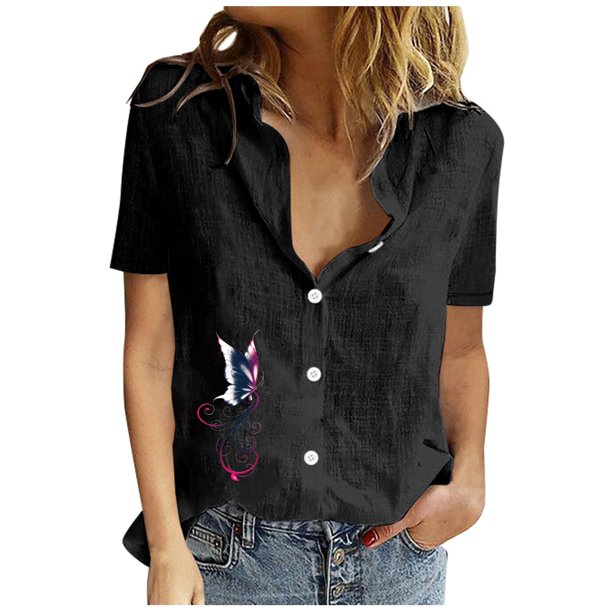 Gibobby Casual Playera de Manga Corta para Mujer Algodón Casual Suelto Personalidad Impreso Solapa Botón Manga Corta(Negro,M)