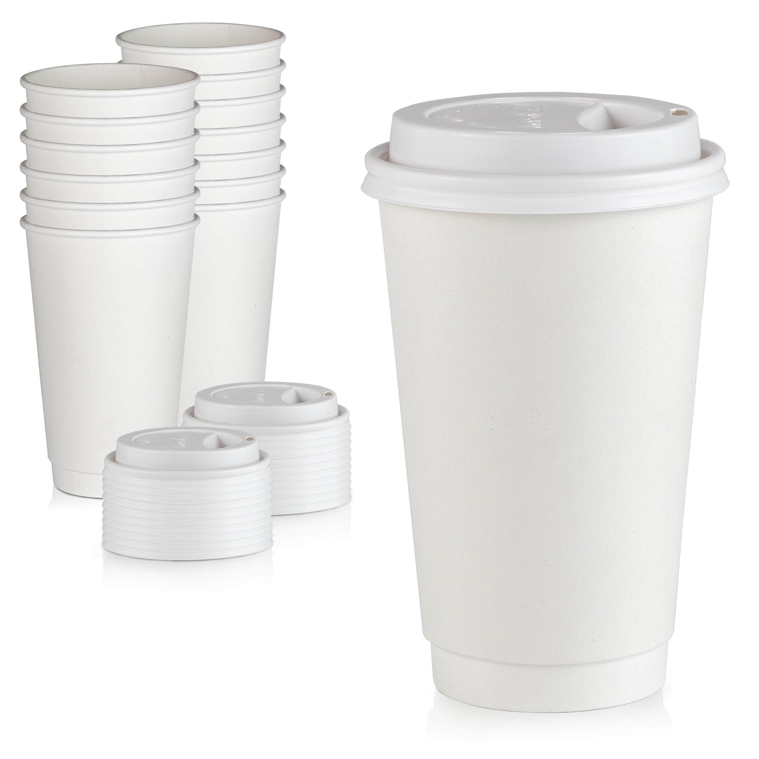 50 Pack] Disposable Coffee Cups with Lids - 16 oz White Double