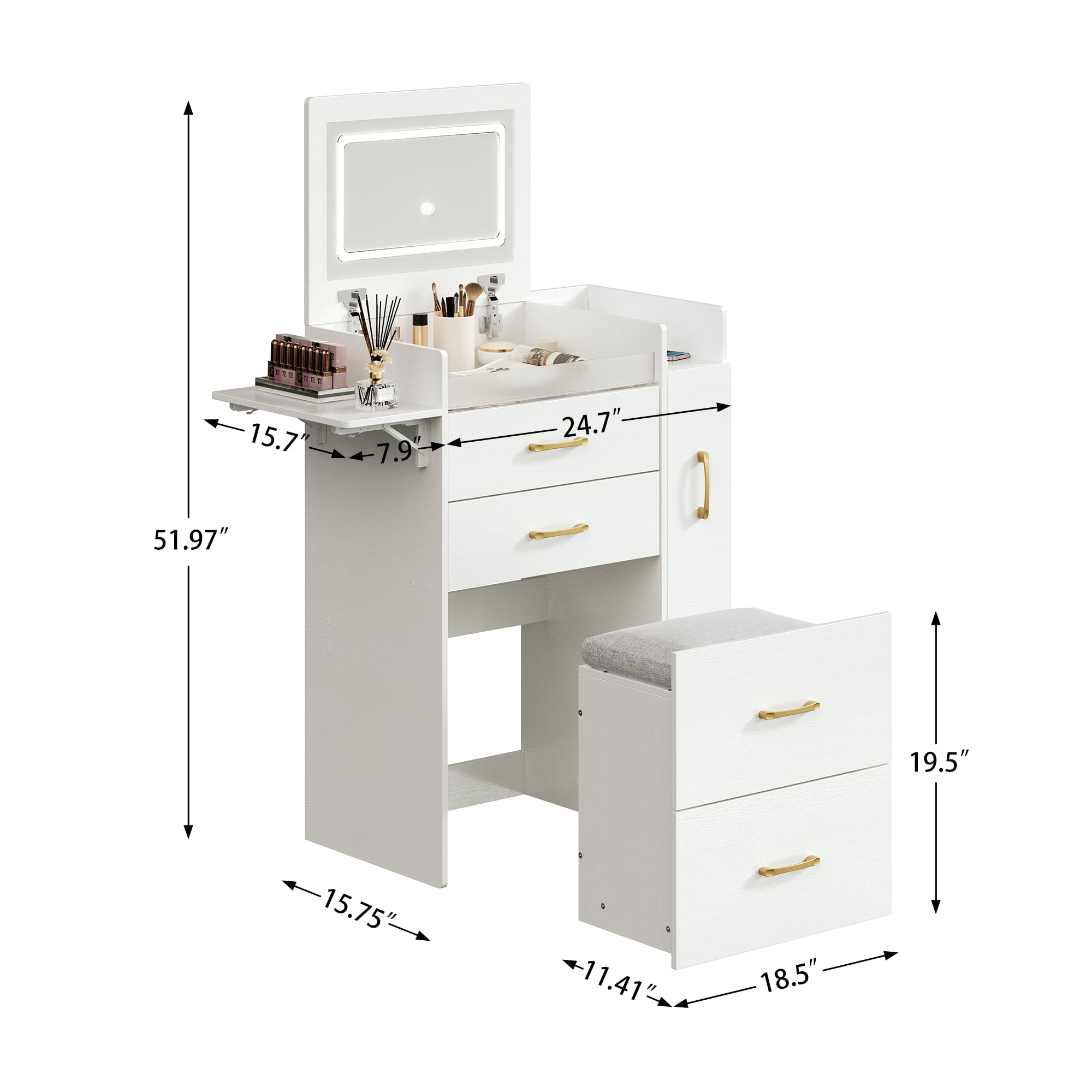 3 in 1 Vanity Desk with Plip Top Mirror and 3 Color LED Lighted, Small Vanity Desk with Power Outlet, Compact Makeup Vanity with 3 Drawers & Cabinet, Storage Stool,for Bedroom