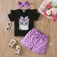 thumbnail image 2 of Pandaie 2-8Y Toddler Girls Summer Outfit 3 Piece Ruffle Short Sleeve Shirt Shorts Headband Clothing Set Baby Cute Cat Print Clothes, 2 of 7