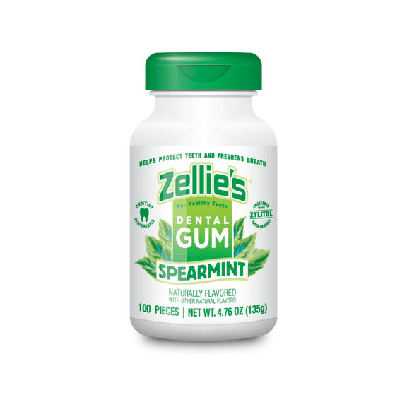 Zellies Xylitol Dental Gum, Spearmint Flavor, Single Jar, 100 Count