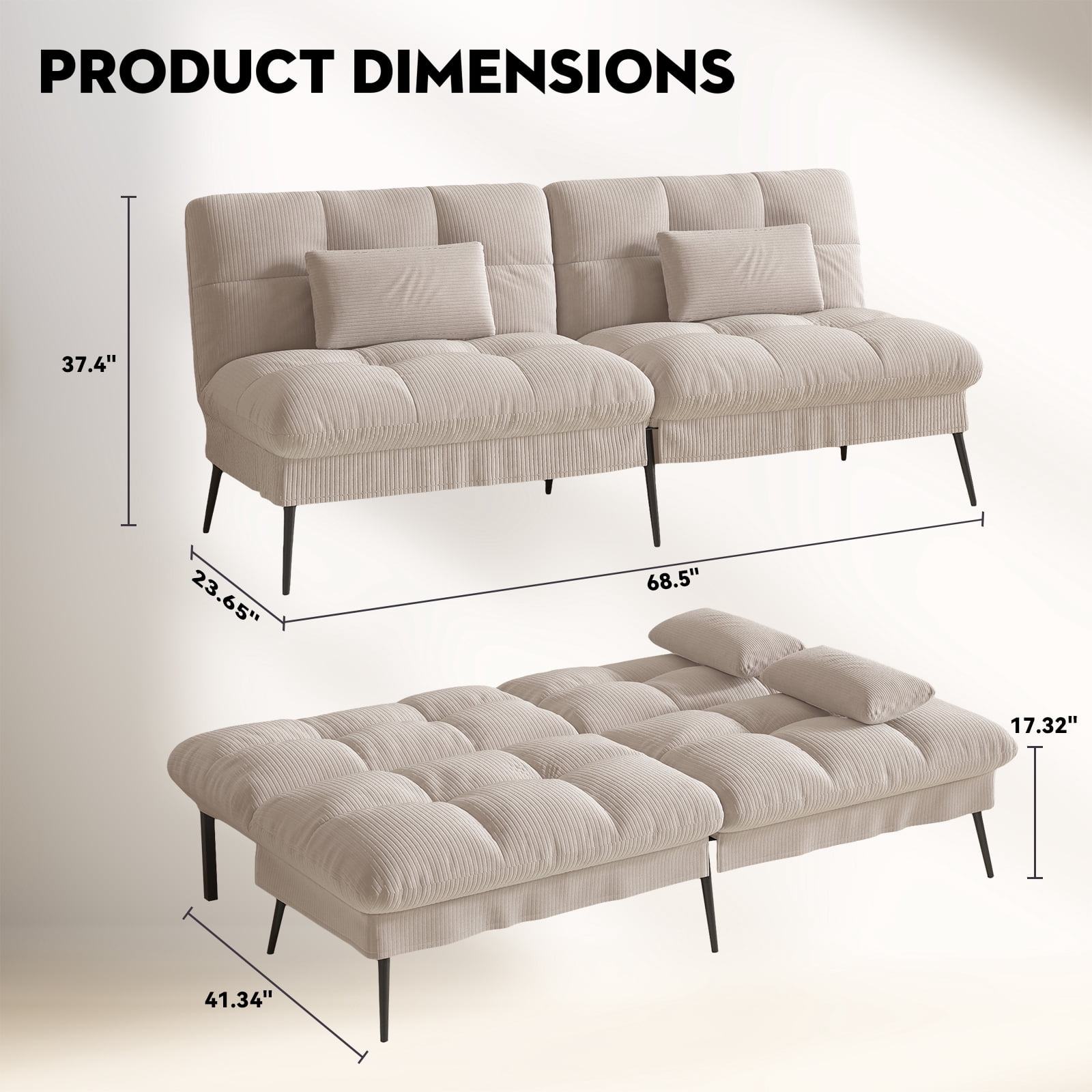 COMHOMA Convertible Futon Sofa Bed Upholstered Futon Couch Corduroy Sleeper Sofa,Cream White