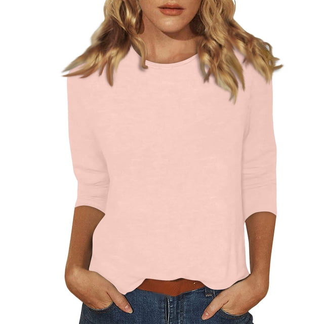 DENGDENG Womens 3/4 Sleeve Tops T Shirts Elbow Summer Basic Tees Spring Round Neck Casual Tunics Work Three Quarter Length Shirts Fashion 2025 Plus Size Blouses Light pink M