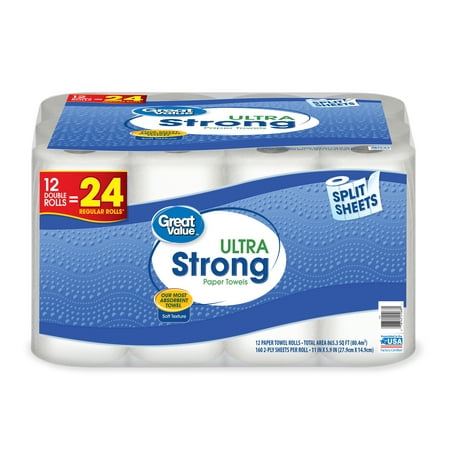Great Value Ultra Strong Paper Towels, Split Sheet, 12 Double Rolls