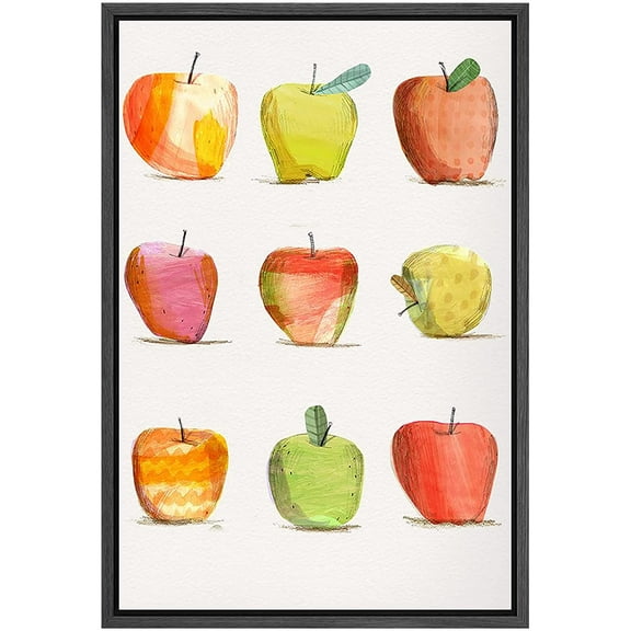 PixonSign Framed Canvas Print Wall Art Pastel Multicolor Colorful Apple Fruit Collage Kitchen & Cooking Food Illustrations Modern Art Decorative Zen for Living Room, Bedroom, Office - 16"x24" Black