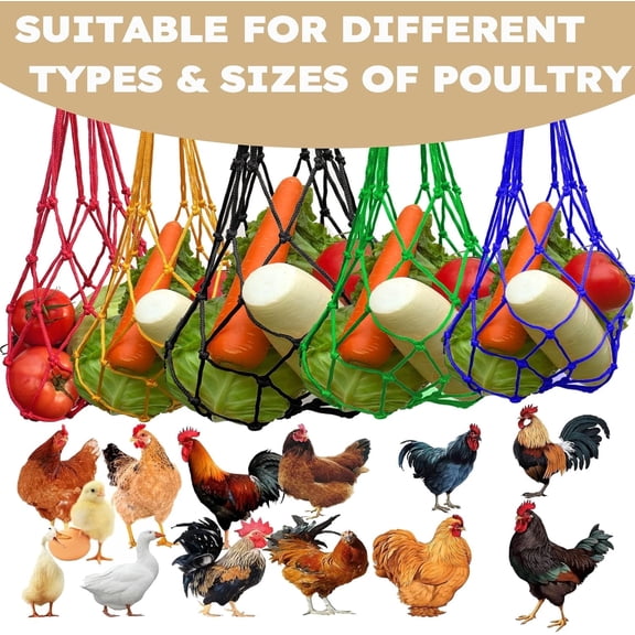 Chicken Vegetable Hanging Feeder 4 PCS, Reusable String Bag with Hook for Chicken Toys, Poultry Fruit Holder for Hens and Ducks, Lettuce Cabbage Feeder for Enrichment, Chicken Coop Accessories