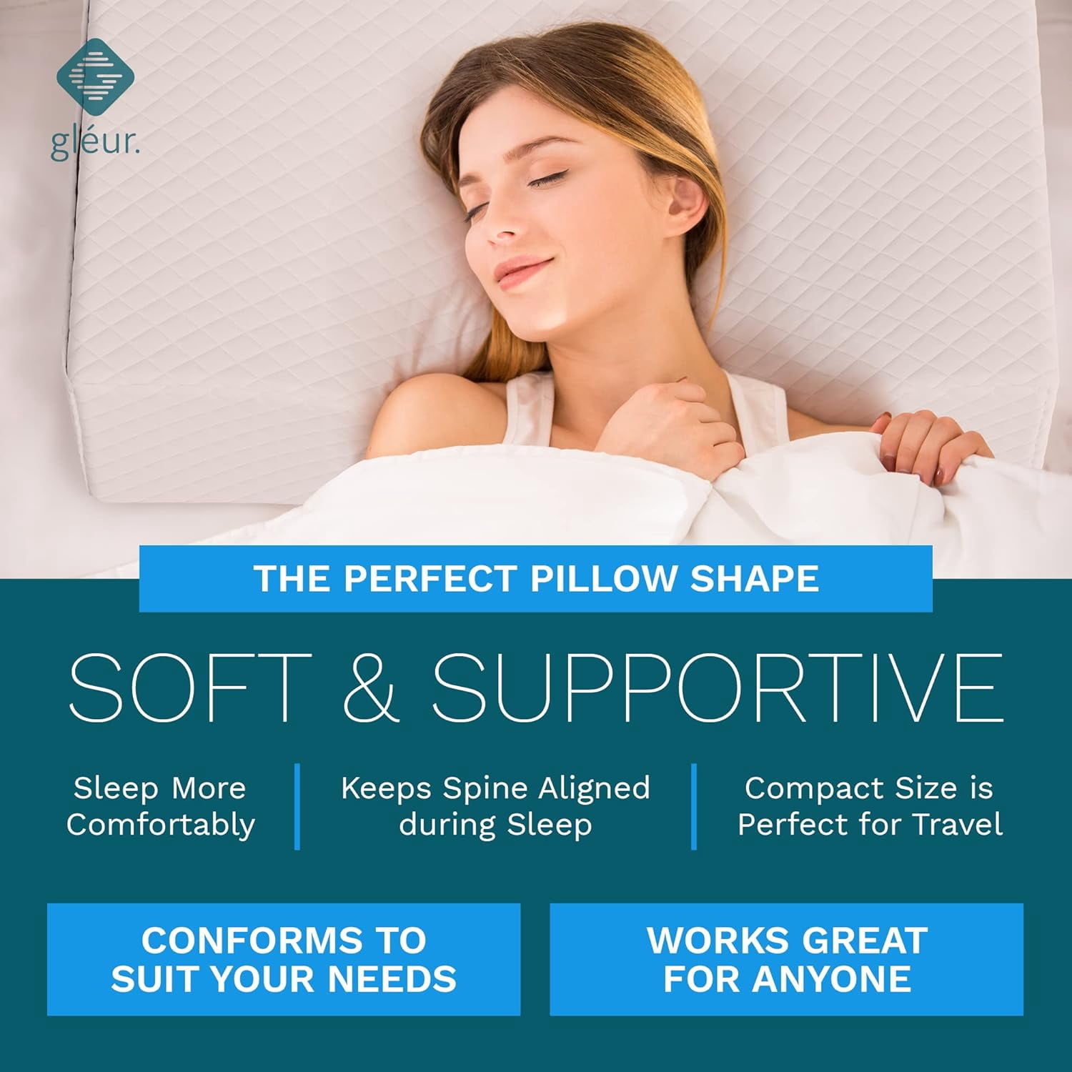 Gleur Square Pillow for Side Sleepers Memory Foam Pillow for Neck Support, 24" x 12" x 5"