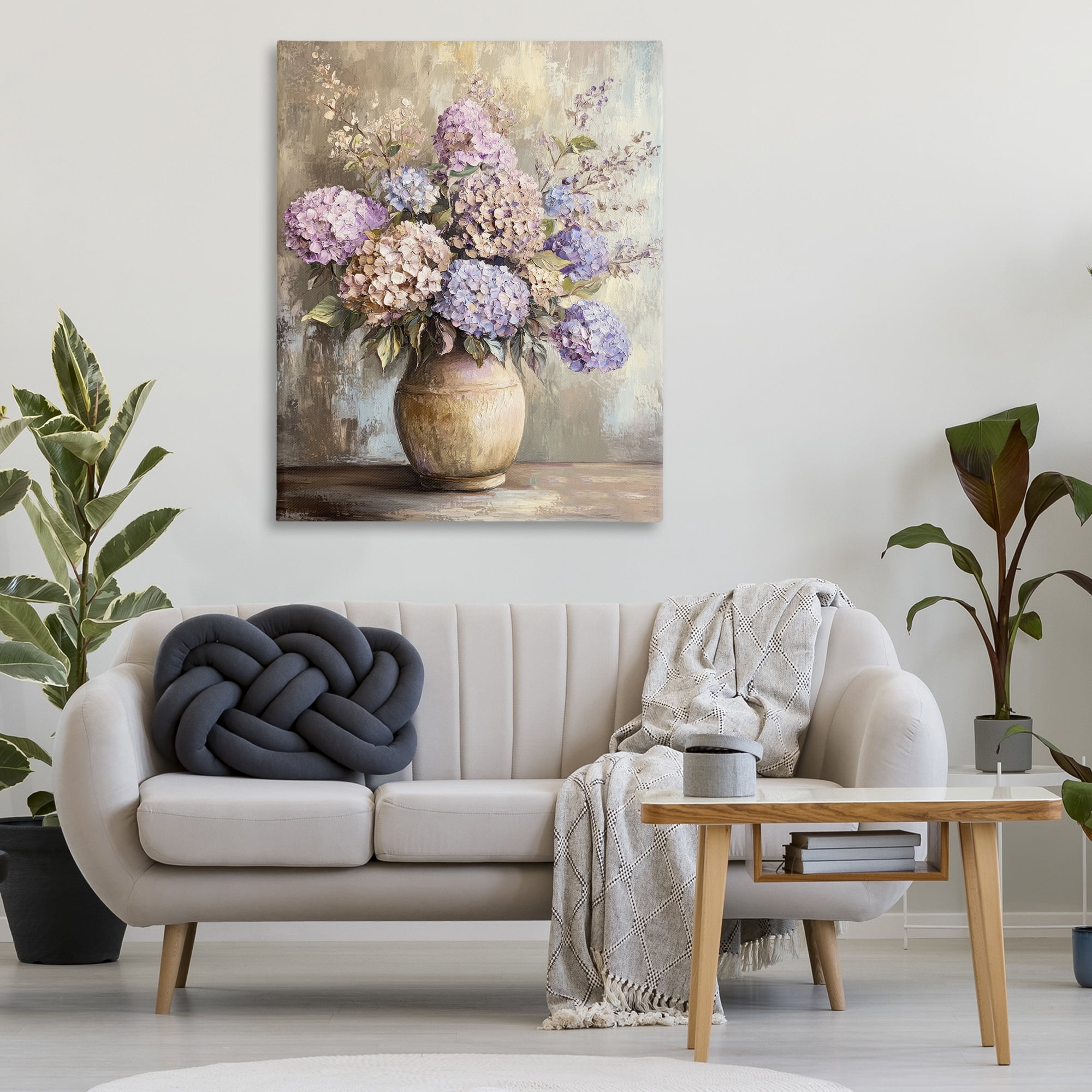 Stupell Industries Purple Hydrangea Pottery Plants & Flowers Painting Wrapped Canvas Art Print Wall Art, 36 x 48