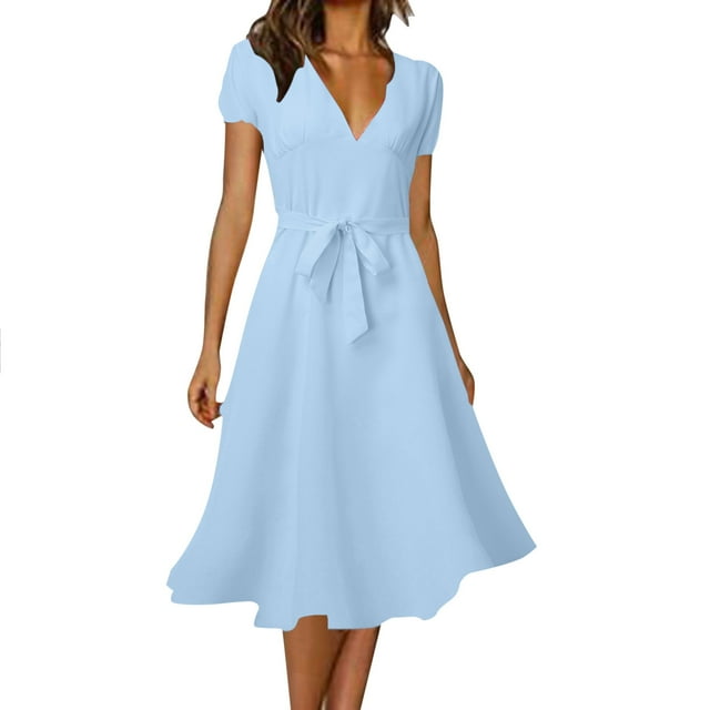 B91xZ 2024 Robes d'Été Décontractées pour Femmes Robe Longue à Manches Courtes Col en V Profond Floral Décontractée Robe de Soirée Cocktail Maxi Mariage, Bleu Clair TG