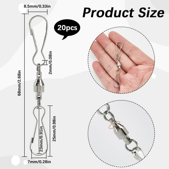 1 set 1 Box 20Pcs Swivel Dual Clips Spinning Hanging Hooks 360 Degree Rotatable Stainless Steel Silver Windsock Spiral Tails Twisters for Hanging Wind Spinners Suncatcher Flags Party Supply