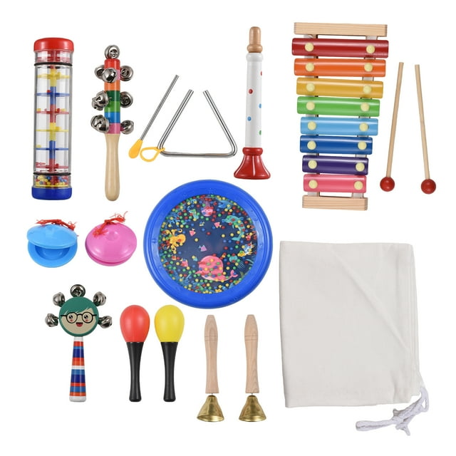 14-Piece Orff Percussion Ensemble: Wooden & Metal Musical Instruments Set with Ocean Drum, 8-Tone Colorful Xylophone, Rain Sound Tube, Bell Stick, Triangular Iron, Trumpet, Sandhammers & Canvas