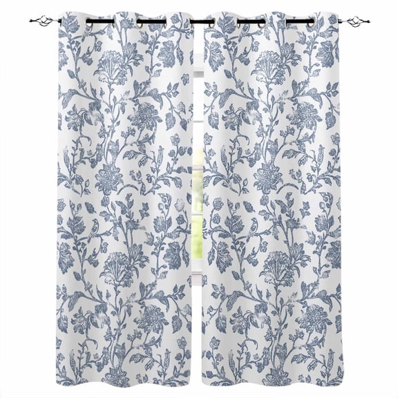 Blue Flower Blackout Curtains 72 Inches Long, Vintage Farmhouse Boho Leaf Spring Summer Thermal Insulated Black Out Curtains, Darkening Window Curtain Drapes for Bedroom Living Room 52"x72" 2 Panels