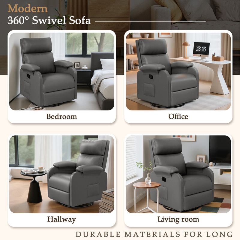 Homall 360° Massage Swivel Rocker Recliner Small Rocking PU Leather Chairs with Side Pockets for Small Spaces,Gray