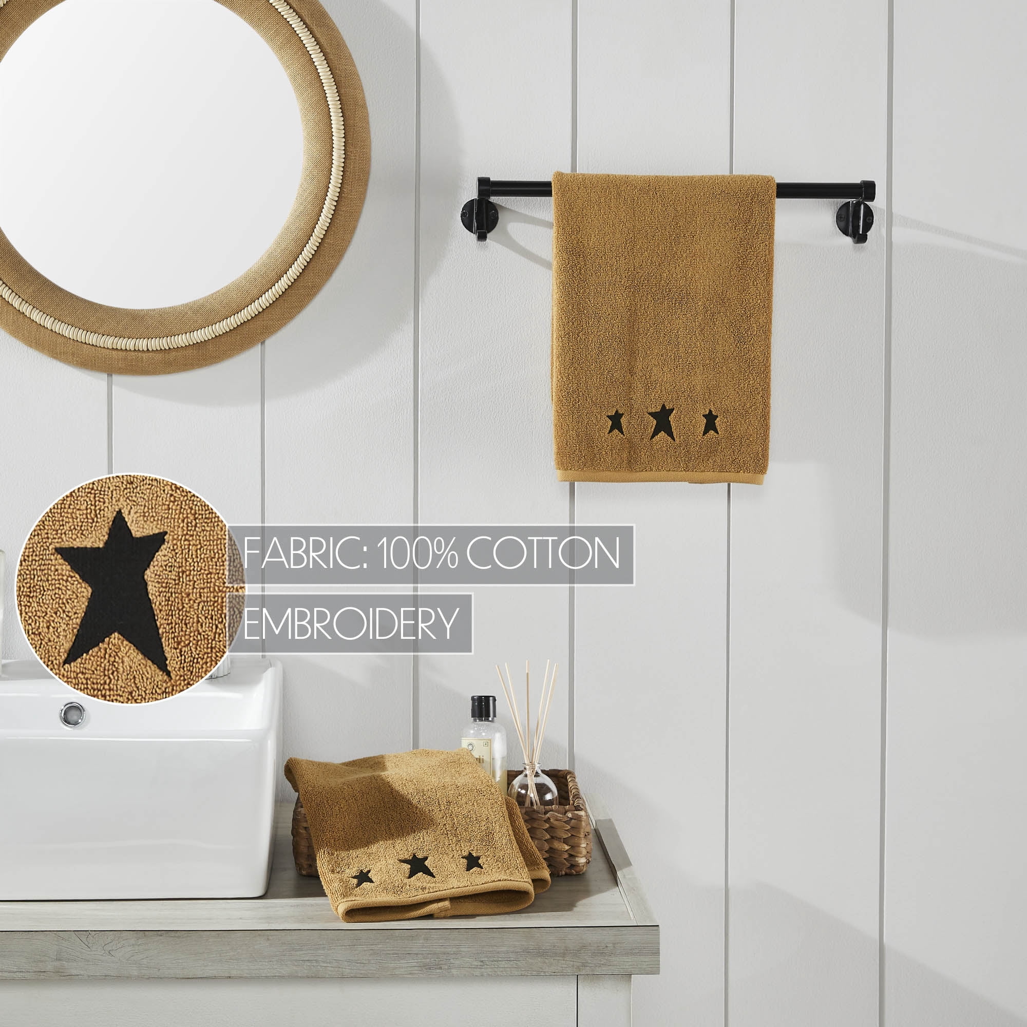 VHC Brands Black Prim Stars Tan Hand Towel Set of 2 16x26