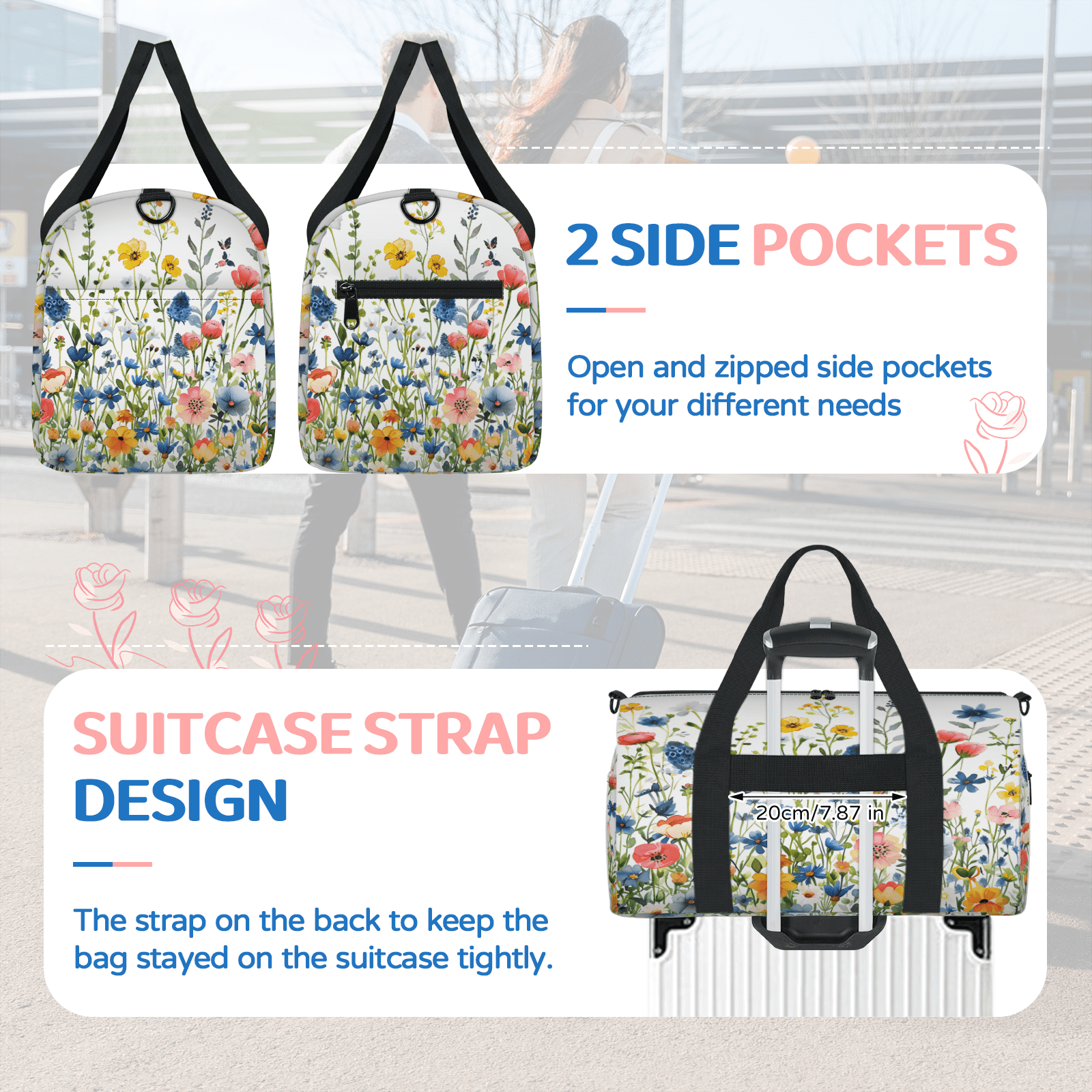 Herdesigns Colorful Floral Gym Bag for Women, Duffle Bag for Travel Sport, Cute Spring Summer Floral Lightweight Waterproof Carry on Weekender Dance Yoga Workout Bags