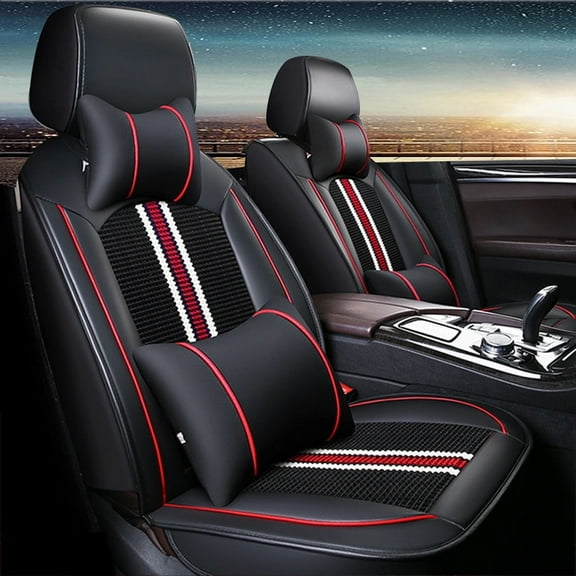 Maidao Car Seat Covers Full Set for DS for DS3/Crossback 2009-2019 5 Seats Compatible Airbag Waterproof Premium Leather Front and Back Seat Protectors with Pillow Black and Red