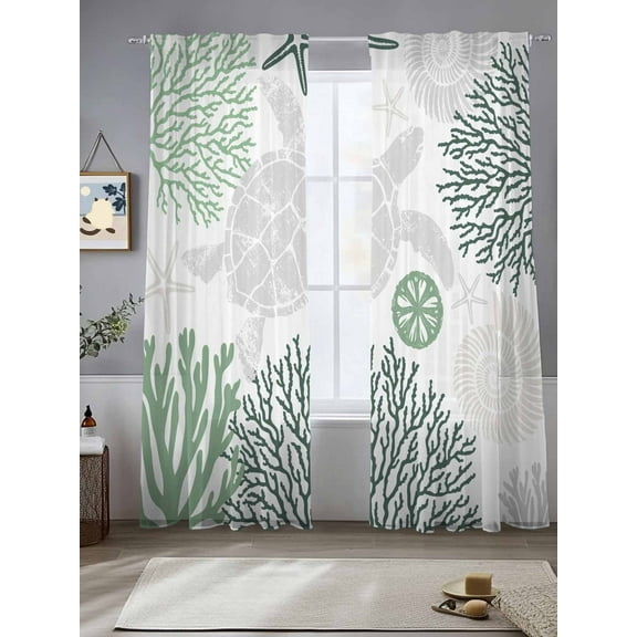 Green Grey Coastal Turtle Sheer Curtains for Living Room Bedroom Ocean Coral Nautical Sheer Curtains 84 Inch Long 2 Panels Set Light Filtering Curtain Window Treatments Drapes for Dining Room