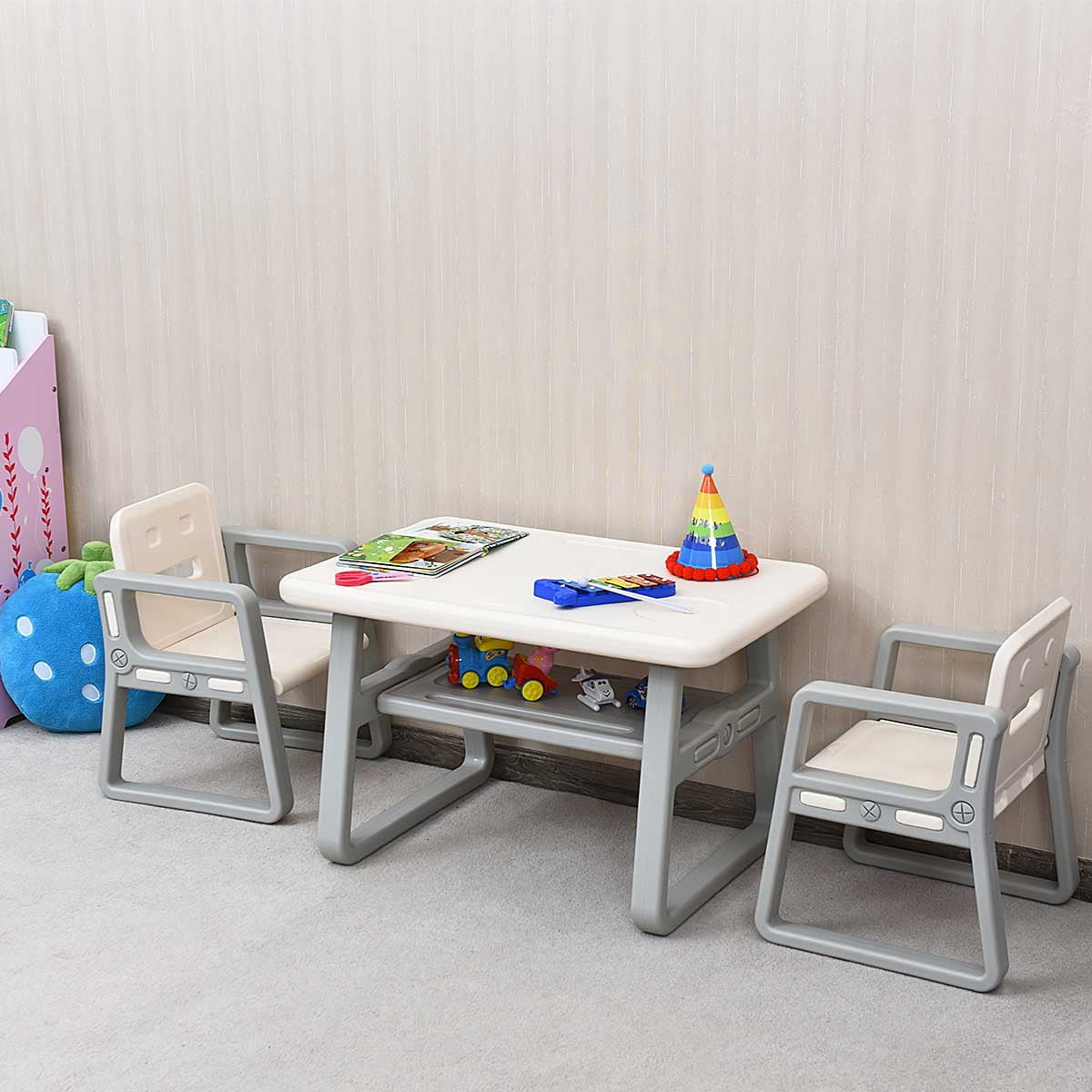 Topbuy Kids 2-in-1 Table and 2 Chairs Set Activity Table With Storage Shelf White Baby