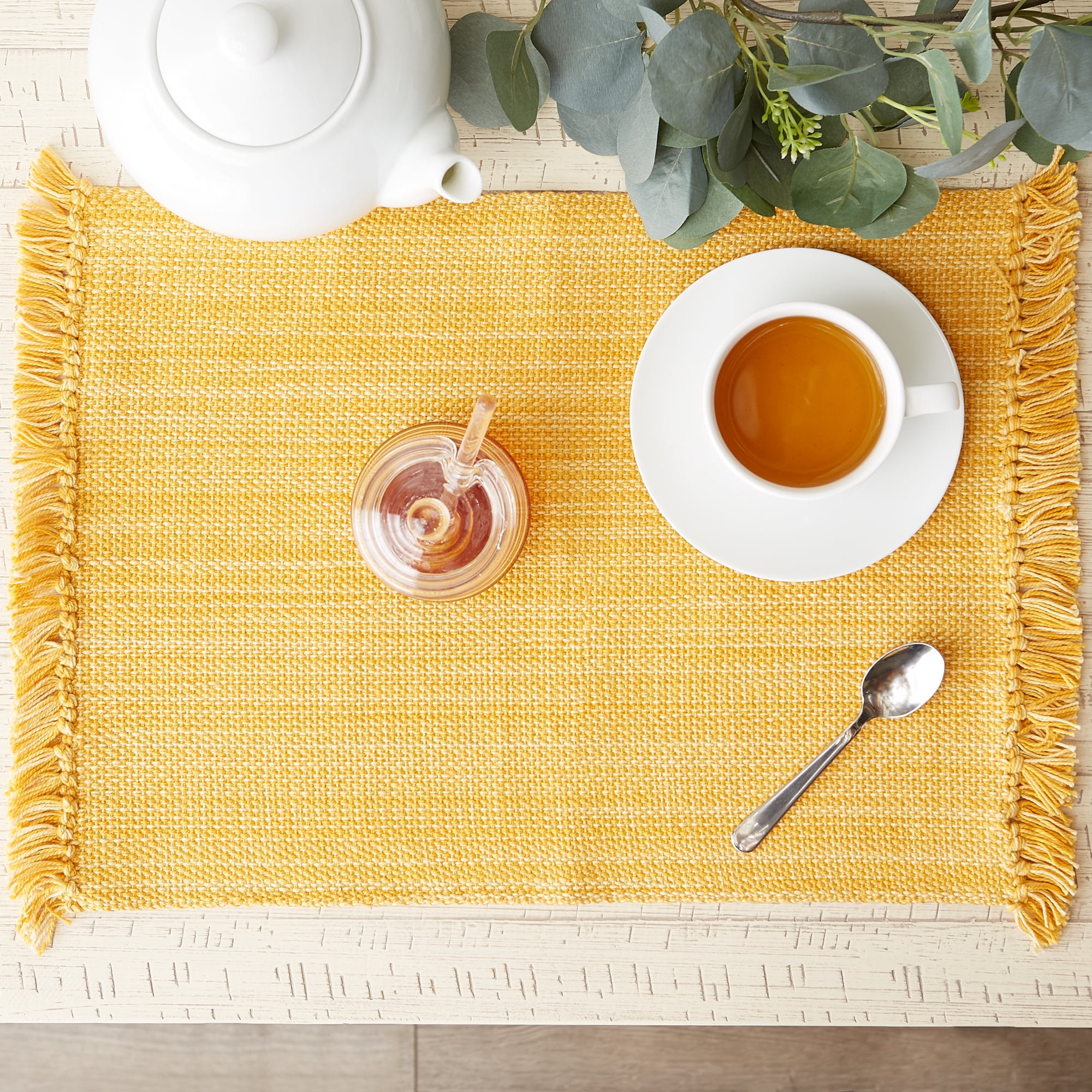 Contemporary Home Living Variegated Fringed Cotton Placemats - 19" - Golden Yellow - Set of 6