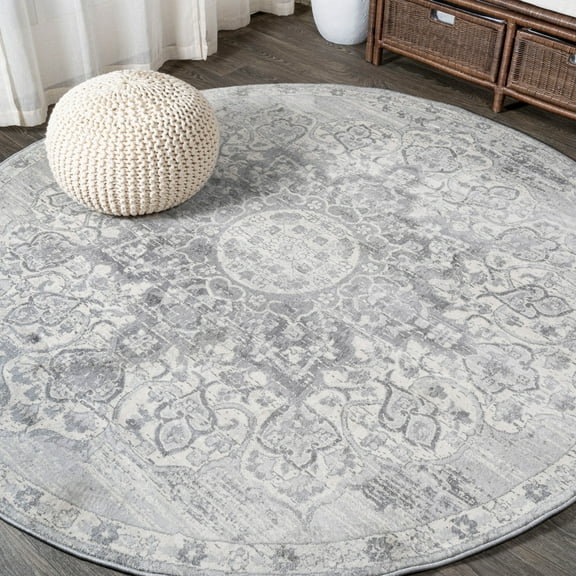 JONATHAN Y MODERN PERSIAN 6' Round Area Rug, Vintage Moroccan Medallion - Light Gray, MDP103B-6R