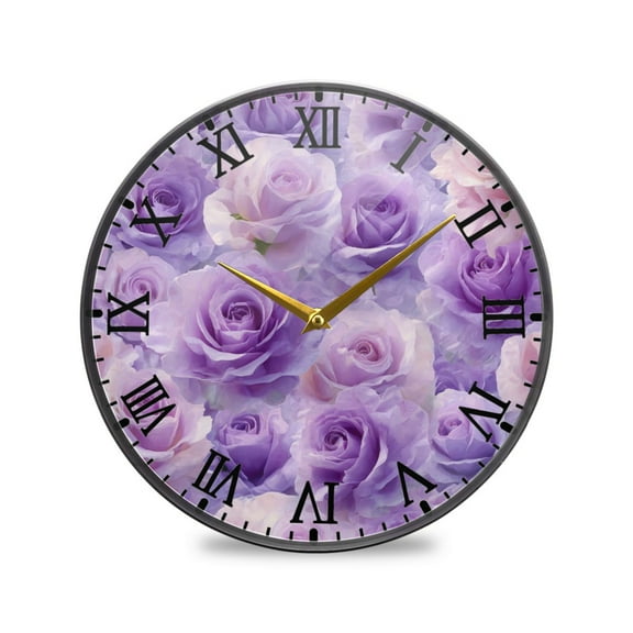 Round Clock Wall Clock Decorative Clock 9.5" Sizes Light Purple Roses Pattern