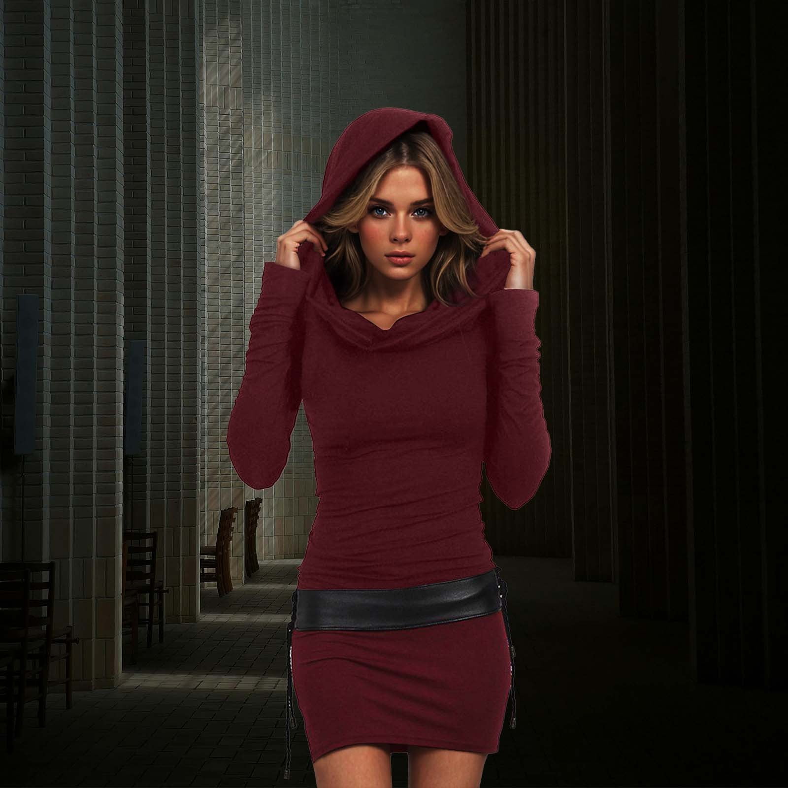 hotojiny Hoodie Mini Dress for Women Comfy Ruched Vintage Party Dresses Fashion Long Sleeve Bodycon Pencil Dress