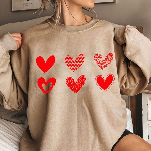 Qertyioot Chandail Cœur d'Amour Saint-Valentin, Imprimé Mode Femme Manches Longues Col Rond Blouse Ample