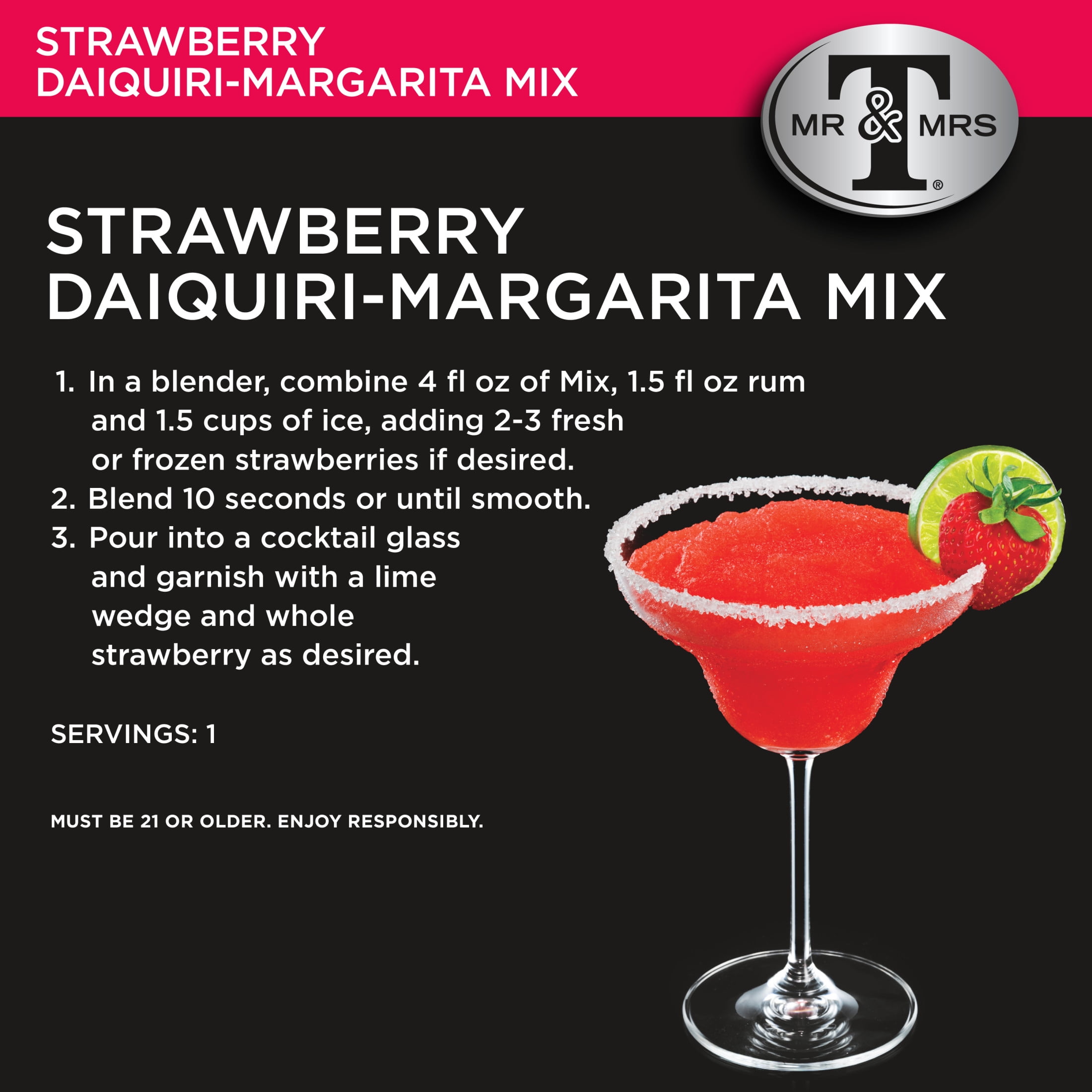 Mr & Mrs T Strawberry Daiquiri Margarita Cocktail Mix, 1 L, Plastic Bottle, Shelf Stable
