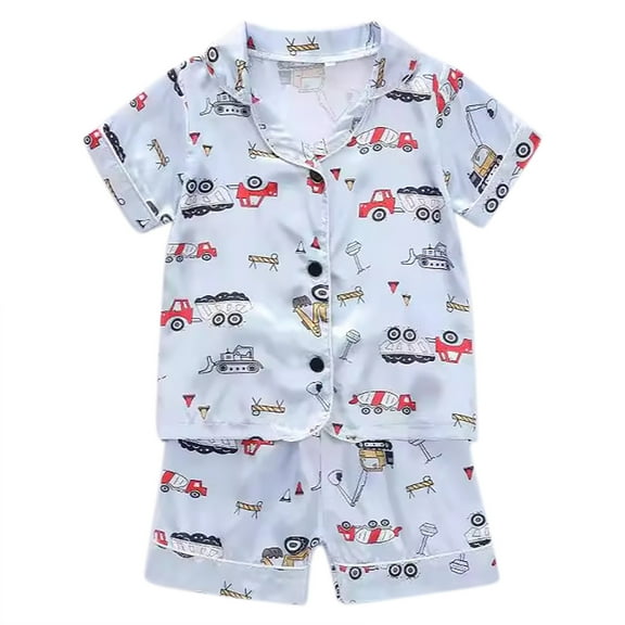 Einccm Kids' 2-Piece Printed Pajama Set - Short Sleeve Button-Down Top and Shorts, Fun Cartoon Construction Vehicle Design, for Sleep, Home Wear Boys and Girls Ages 3-8 Years