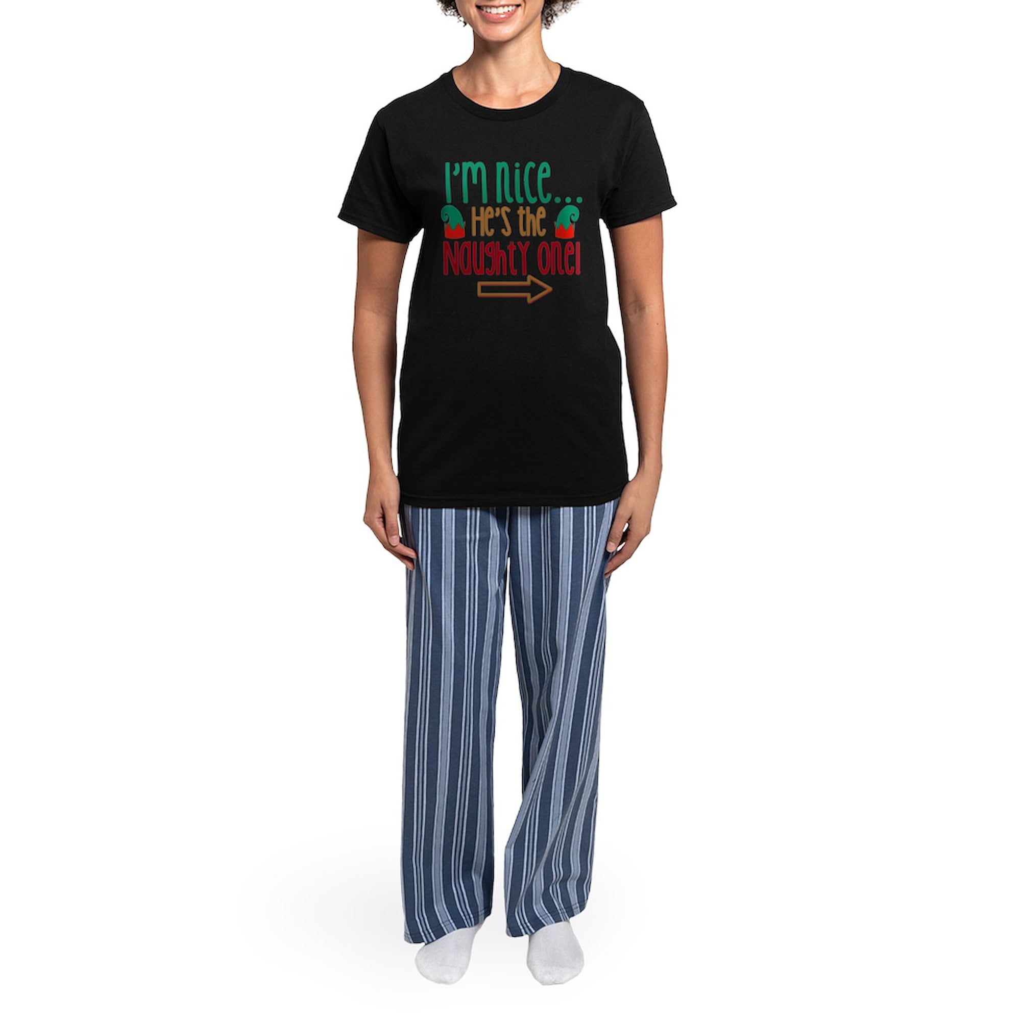 CafePress - Im Nice Hes Naughty Elf Hat Women's Dark Pajamas - Women's Short Sleeve Print T-Shirt and Pants Dark Cotton Pajama Set