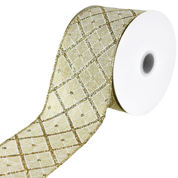 Homeford Glittered Diamond Lattice Faux Linen Wired Ribbon, 2-1/2-inch, 10-yard, Natural
