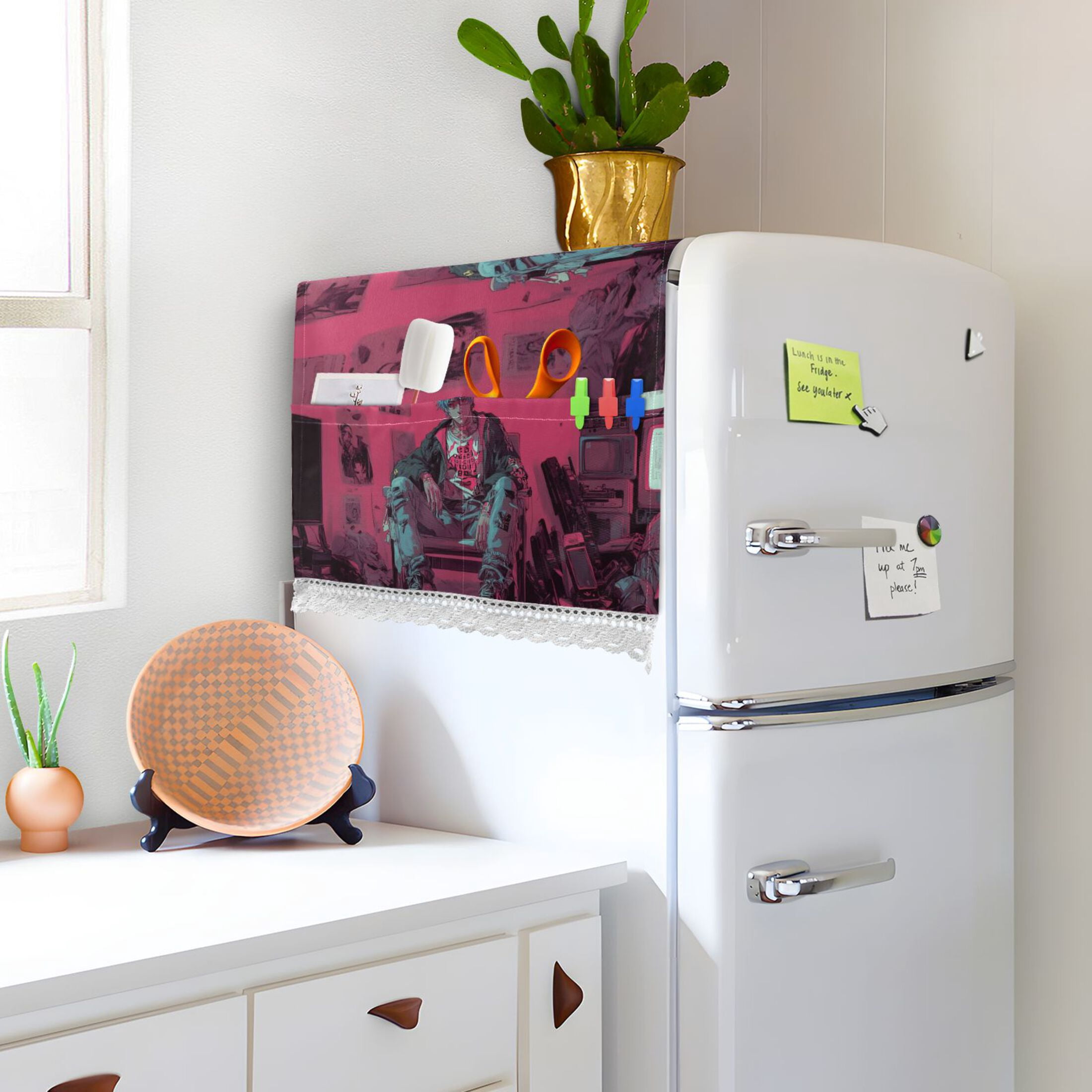 Cyberpunk StyleWasher and Dryer Covers Dust-Proof and Oil Resistant Fridge Cover with 4 Storage Pockets Washing Machine Top Cover for Laundry Kitchen Home 51.2 x 22 In