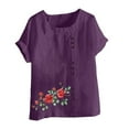 thumbnail image 4 of Cavosen Short Sleeve Womens Tops Round Neck Artificial Cotton Linen Floral Print Button Summer Tees Comfy Loose Fit Pullover Shirts Lightweight Beach Blouse Trendy Purple 2XL, 4 of 4