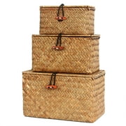 BlueMake Shelf Baskets with Lid Set of 3 Seagrass Storage Box Wicker Basket Desktop Makeup Organizer