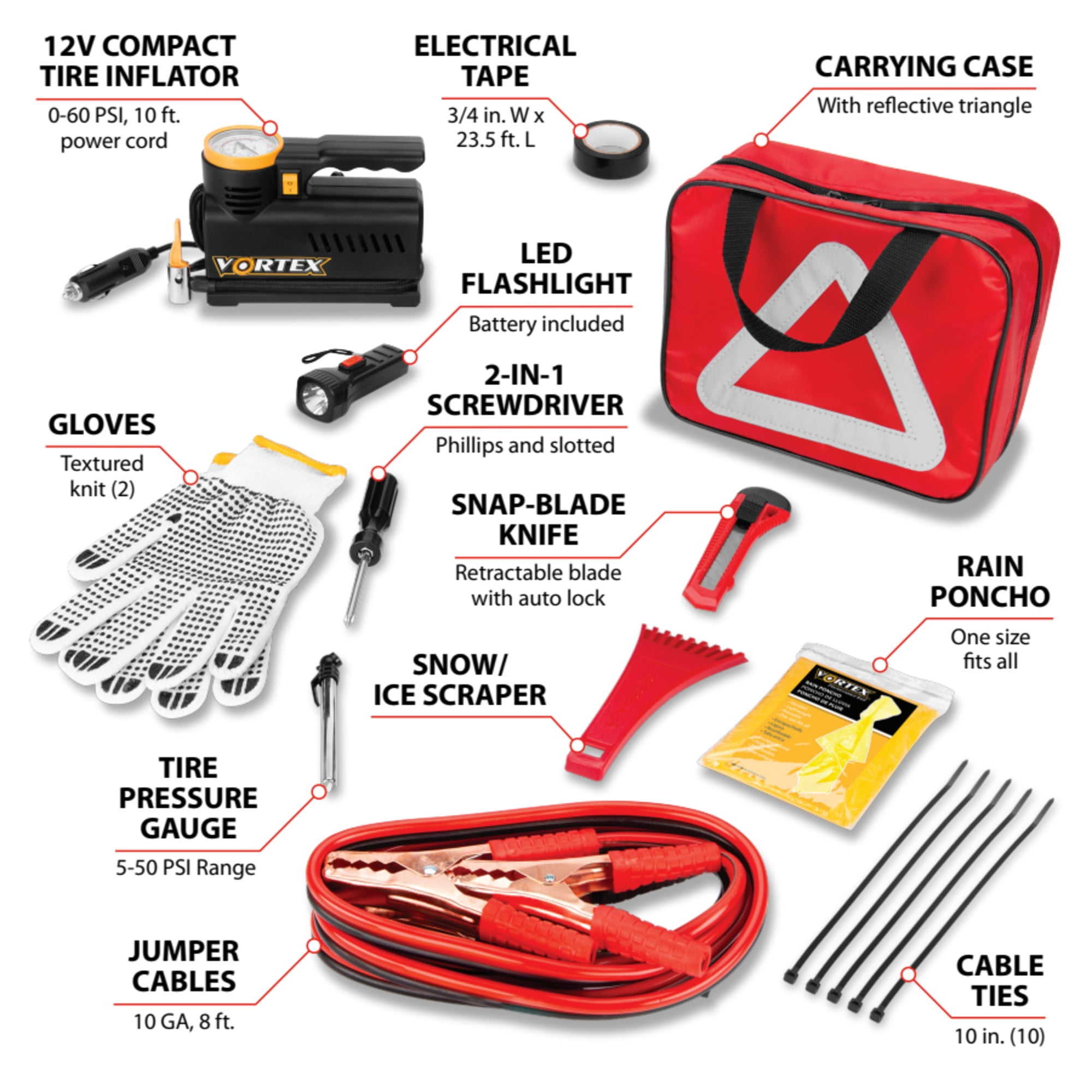 Performance Tool E00012 22 pc. Essential Roadside Assistance Kit: 12V Vortex Tire Inflator, Booster Cables, LED Flashlight, Safety Tools, Emergency Kit, Toolkit with Cable Ties, Gloves, Storage Case