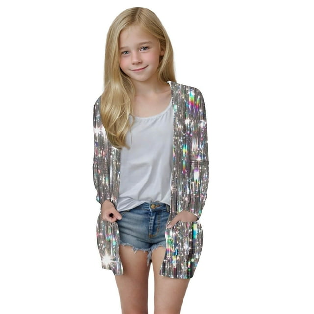 MKOSPLRT Cardigans pour Fille Garçon 5-14 Ans Ouvert à l'Avant Manches Longues Cardigans Sarcelles Veste à Imprimé Pailleté Drôle avec Poche