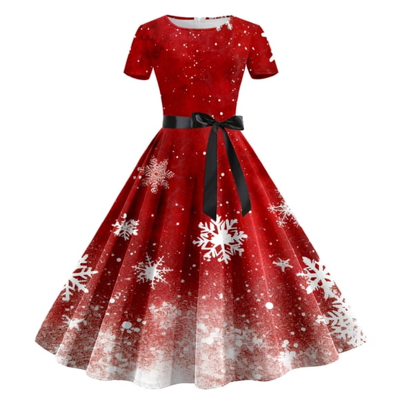 Women's Casual Dress Women Teenager Casual Dresses Petite Summer Dresses Christmas Print Short Sleeve Summer Midi Dress for Women Women's Sundresses Casual 1950s Evening Party Prom plusress